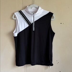 Women’s Sleeveless Black & White Zip-Front Athletic Tank